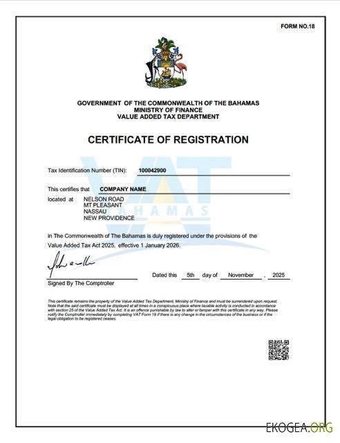 Modèle Word et PDF de certificat d'immatriculation à la TVA des Bahamas